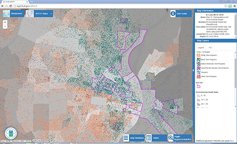 This image is a thematic map of the St. Louis, Missouri-Illinois metropolitan area created with HUD's AFFH Data and Mapping Tool. The map shows the dot distribution of the St. Louis population by race and ethnicity overlaid on a gray-scale map that corresponds to environmental health, where higher values shown as darker gray indicate less exposure to harmful air toxins, and lower values, shown as lighter gray, indicate higher exposure to harmful toxins. The map also displays the locations of racially- and ethnically-concentrated areas of poverty (RCAP/ECAP) by highlighting those census tracts that meet the RCAP/ECAP threshold. The legend on the right hand side indicates that the demographic groups shown on the map are: White Non-Hispanic, Black Non-Hispanic, Native American Non-Hispanic, Asian-Pacific Islander Non-Hispanic, Hispanic, and Other Non-Hispanic.